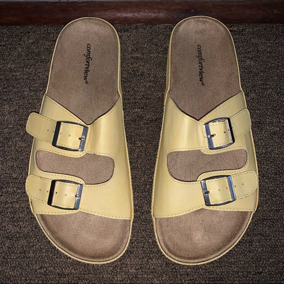 Women’s 8M COMFORTVIEW Yellow Double Buckle Slip On Comfort Sandals NEW - Picture 3 of 10